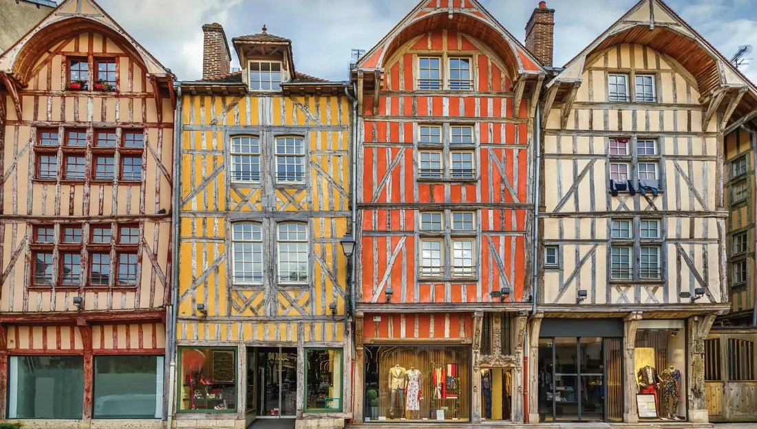 Colorful half-timbered houses with shopfronts in the historic Champagne Aube region