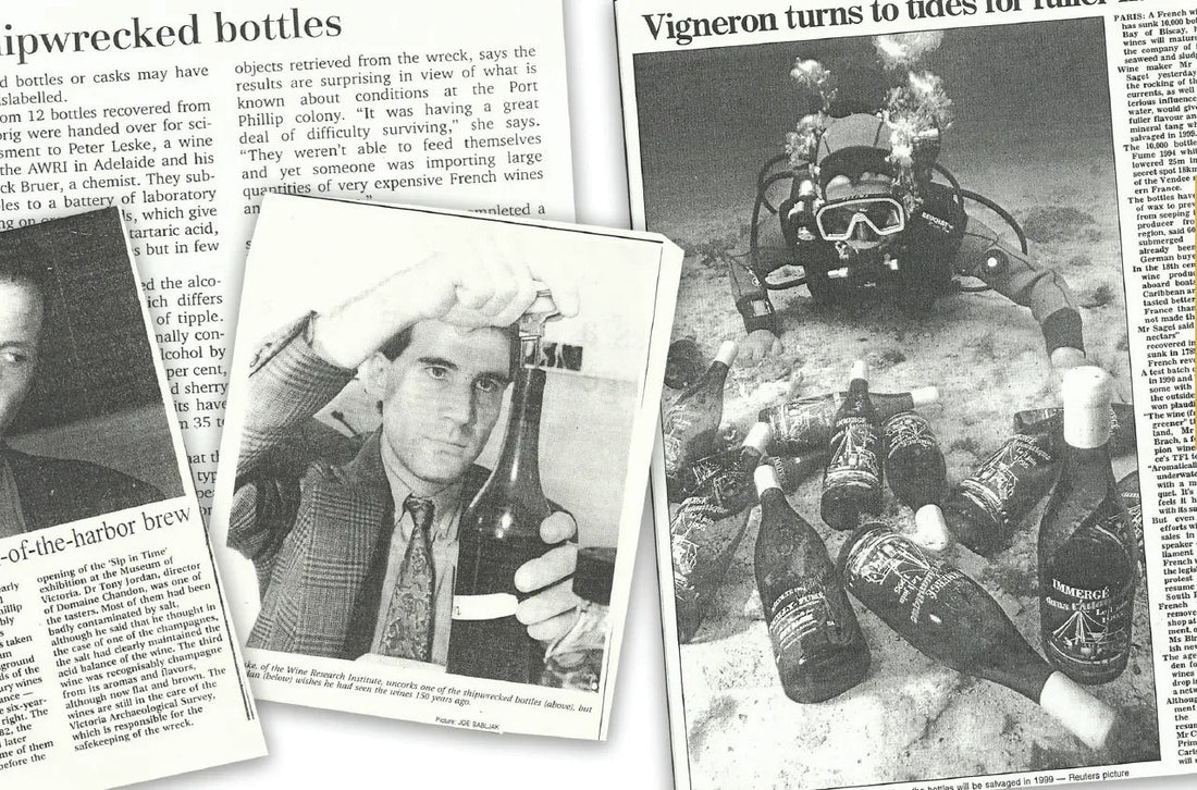 Vintage newspaper clippings showing shipwrecked wine bottles, underwater diver, and scientist.