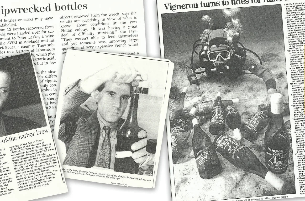 Vintage newspaper clippings showing shipwrecked wine bottles, underwater diver, and scientist.