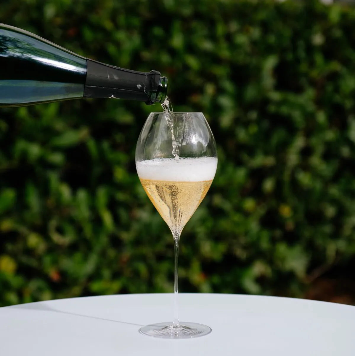 Champagne being poured into a Lehmann Jamesse Ultralight Grand Champagne glass outdoors