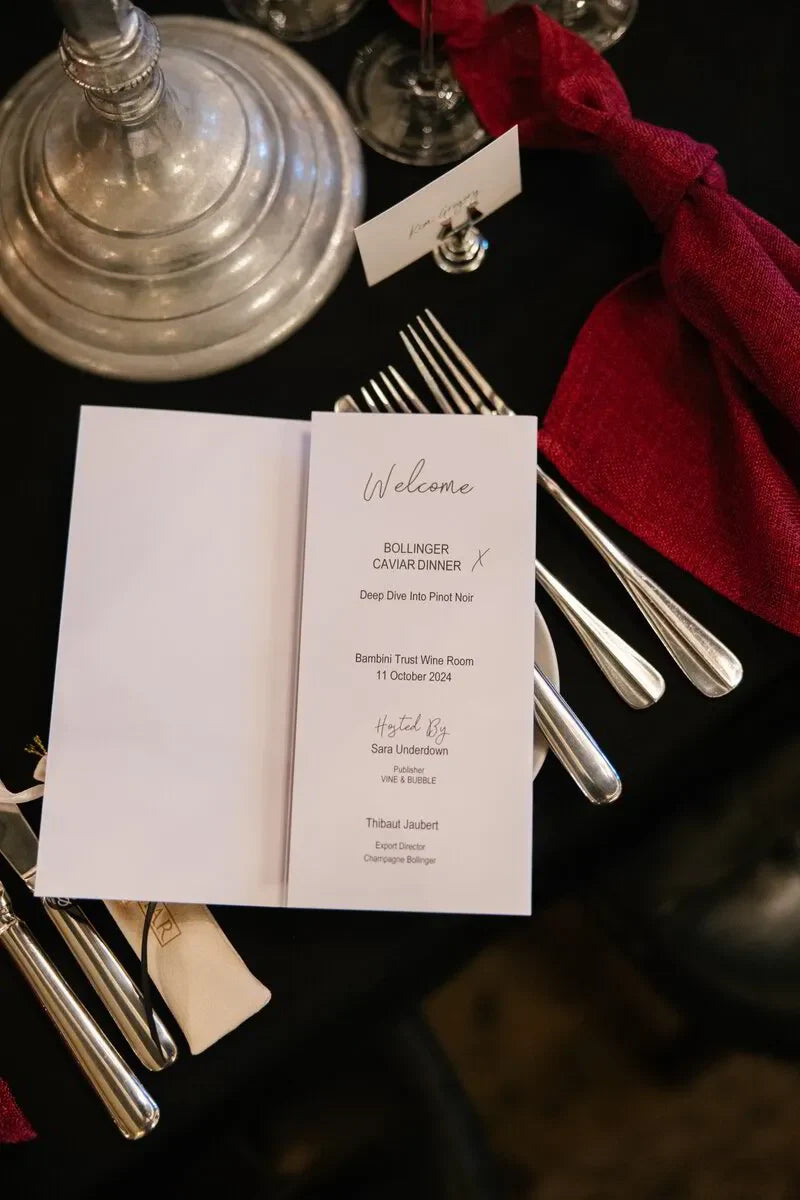 Bollinger Caviar Dinner menu at Bambini Trust Wine Room, Sydney, October 11, 2024. Featuring Pinot Noir & hosted by Sara
