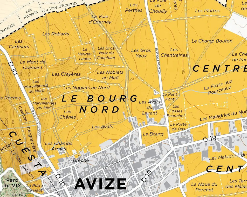 Detailed Avize Grand Cru Cote des Blancs vineyard map with labeled parcels and streets.