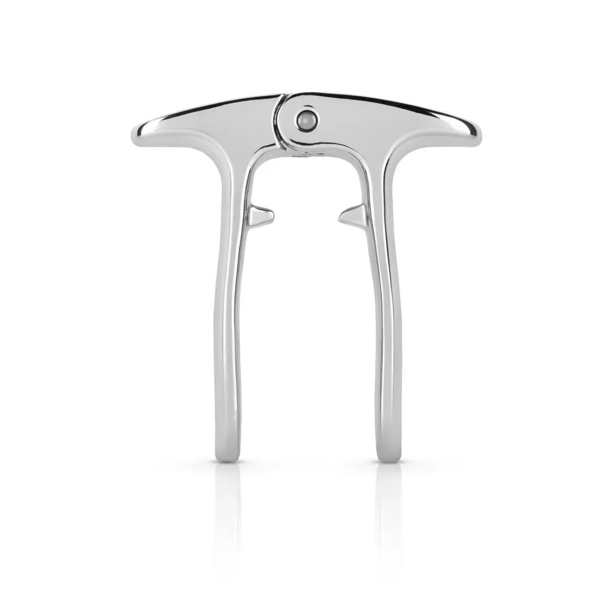 Silver champagne puller with sleek, metallic finish on white background