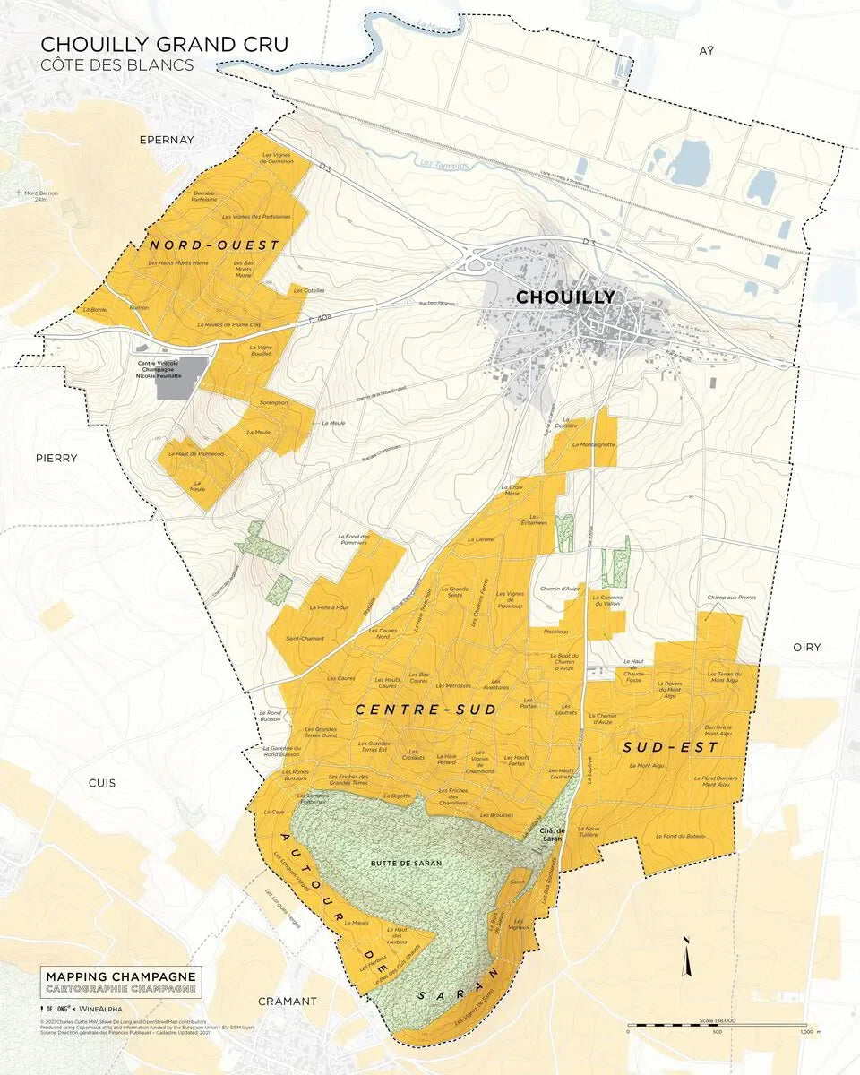 Map of Chouilly Grand Cru vineyards, Côte des Blancs, highlighting classified vineyard areas.