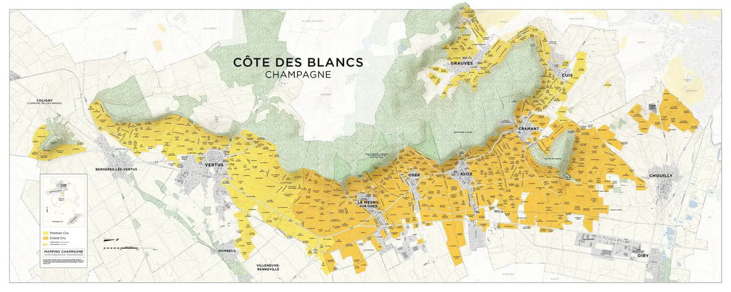 Côte des Blancs Champagne vineyard map with Grand Cru and Premier Cru vineyard areas highlighted