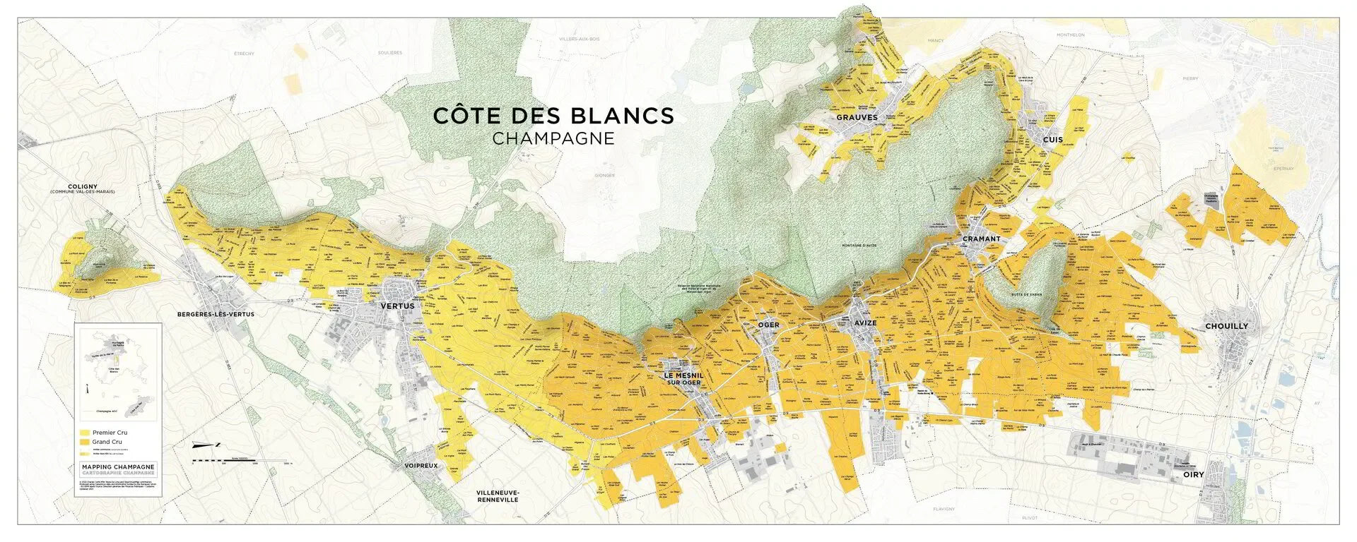Côte des Blancs Champagne vineyard map with Grand Cru and Premier Cru vineyard areas highlighted
