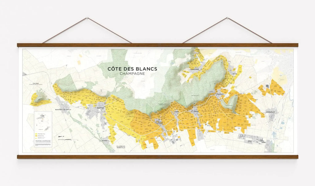 Côte des Blancs Champagne vineyard map with yellow-highlighted Grand Cru and Premier Cru areas