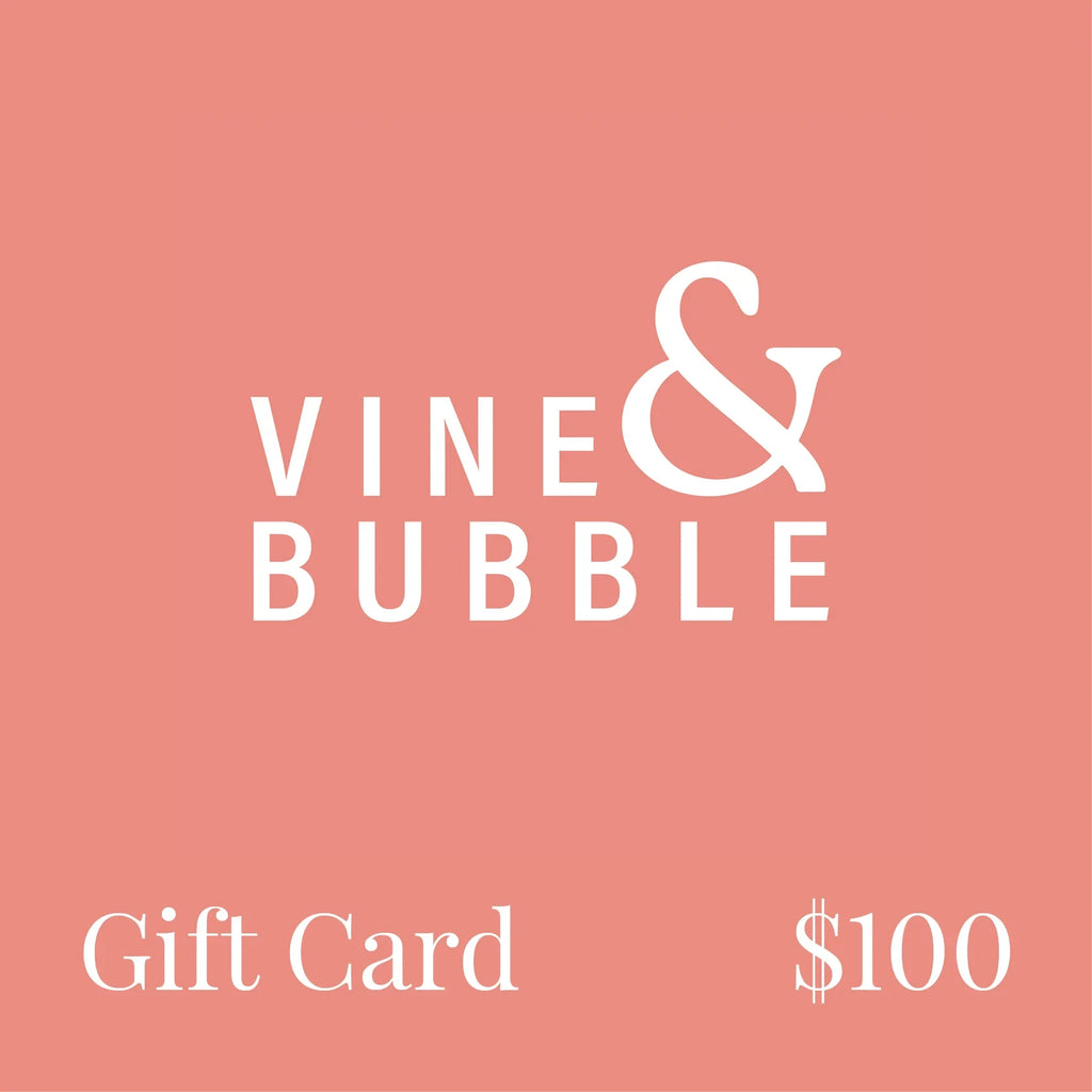 Vine & Bubble $100 gift card on a pink background, white text, simple design