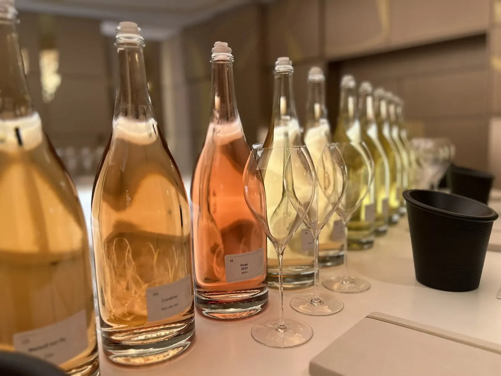 Champagne tasting line-up at Le Printemps des Champagnes, France. Rosé and blanc de blancs selections. April 2024.