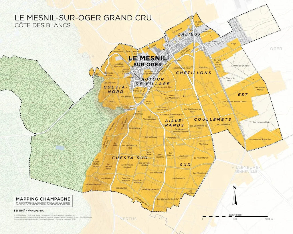 Le Mesnil-sur-Oger Grand Cru vineyard map, Côte des Blancs, labeled vineyard sections.