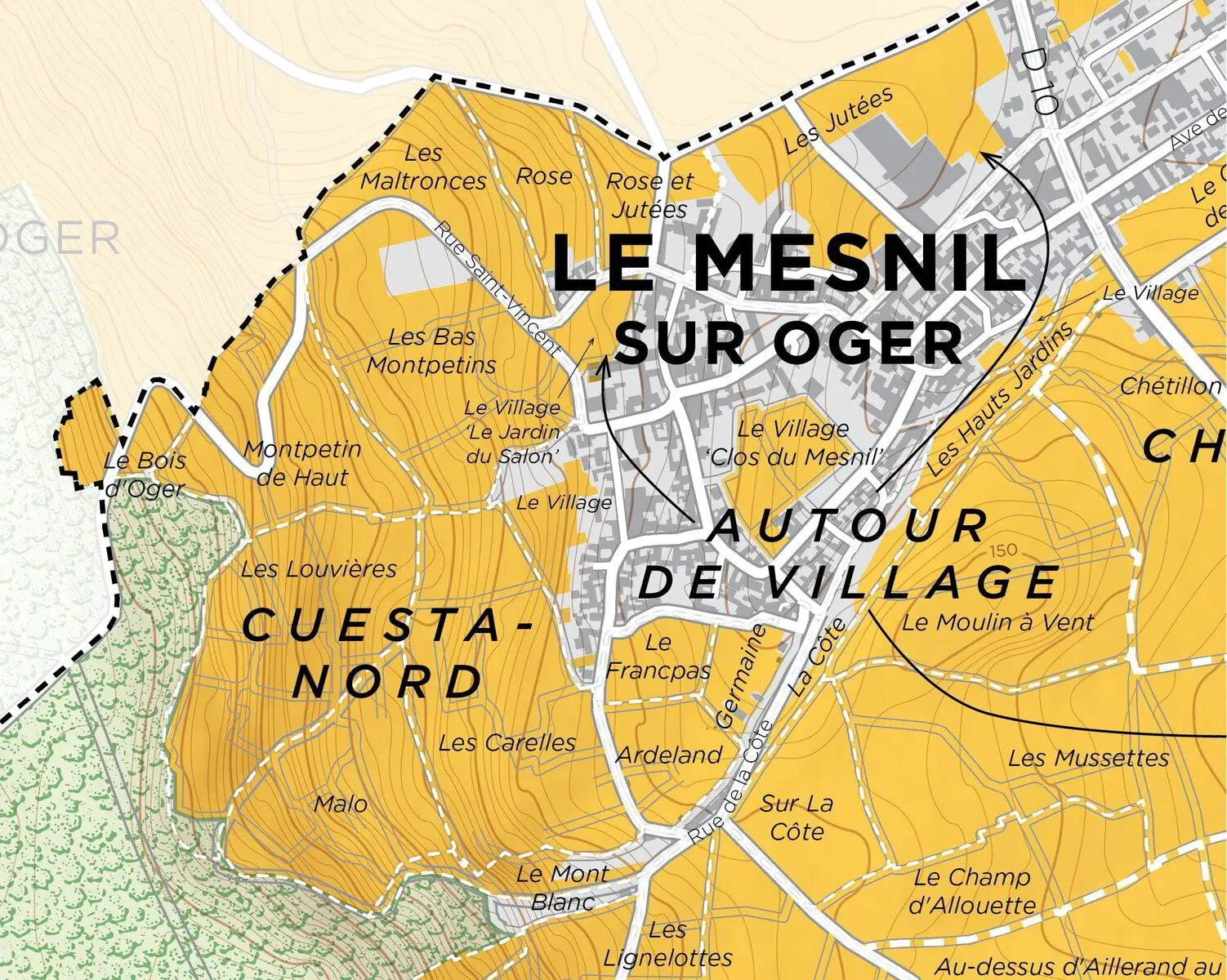 Le Mesnil-sur-Oger Grand Cru vineyard map detail with vineyard names and village streets