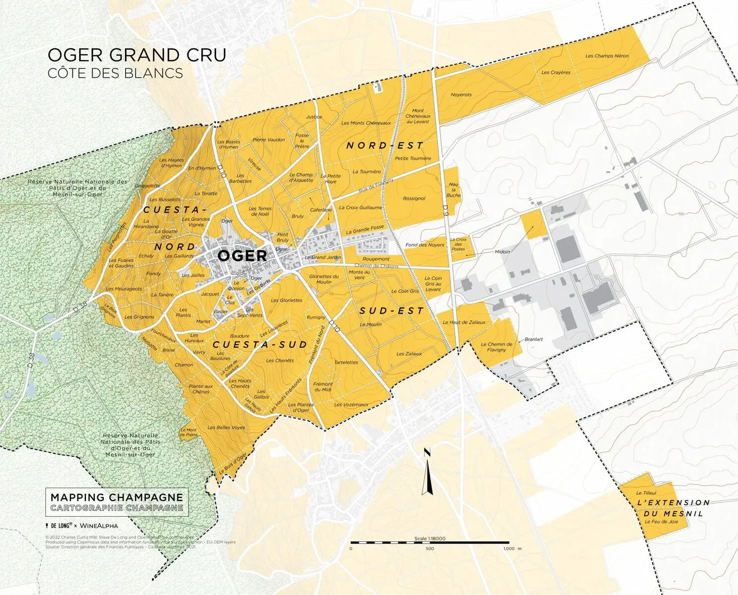 Oger Grand Cru Champagne vineyard map, Côte des Blancs, labeled parcels and zones in yellow.