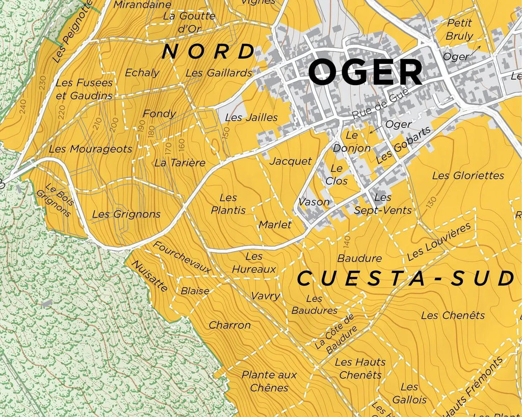 Detailed Oger Grand Cru vineyard map showing vineyard plots and terrain lines