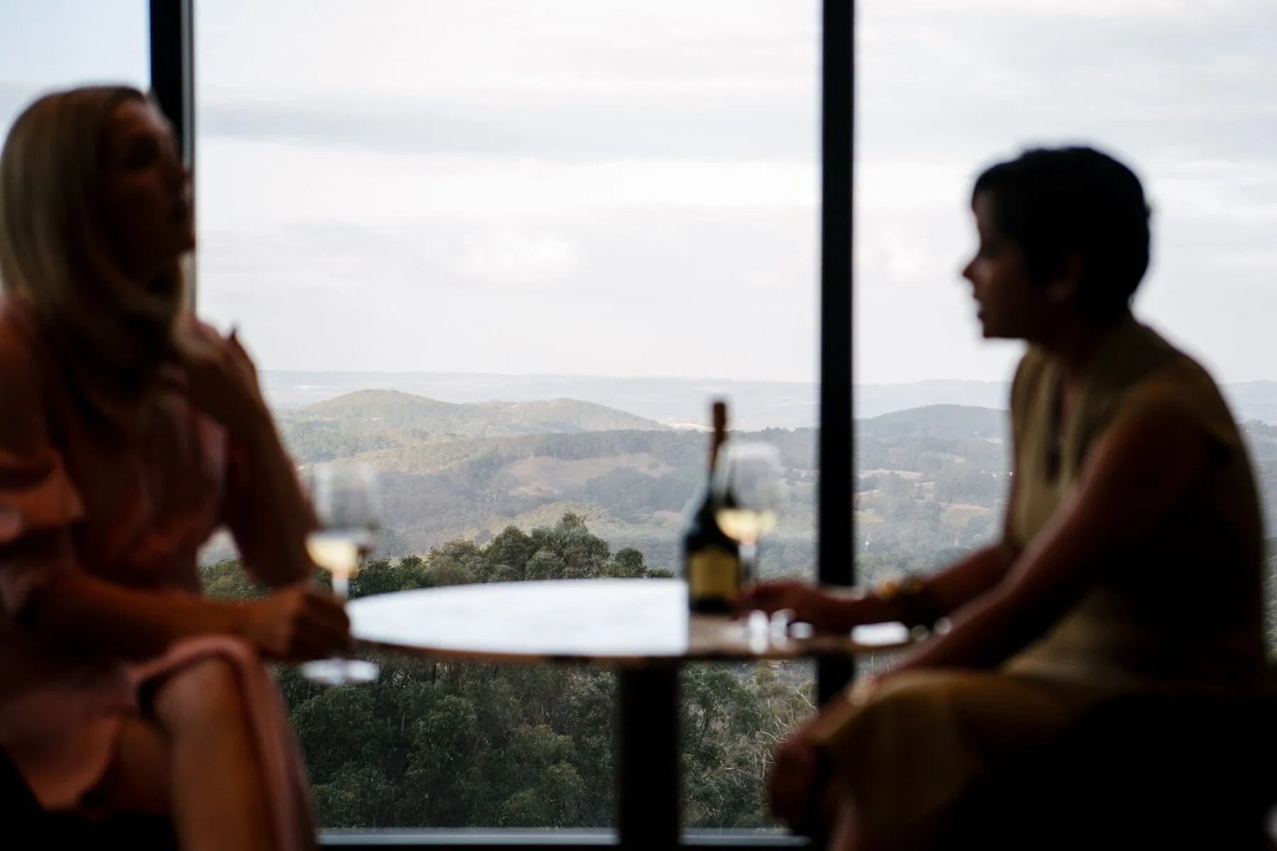 Two people silhouetted at a table with wine, overlooking scenic hills through large window