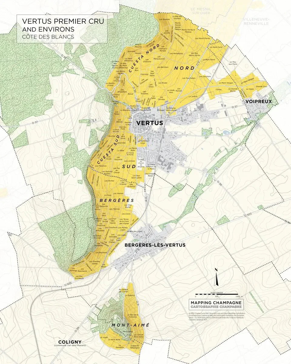 Champagne map of Vertus Premier Cru vineyards, Côte des Blancs. Shows vineyard locations and areas. Mapping Champagne