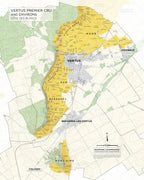 Champagne map of Vertus Premier Cru vineyards, Côte des Blancs. Shows vineyard locations and areas. Mapping Champagne