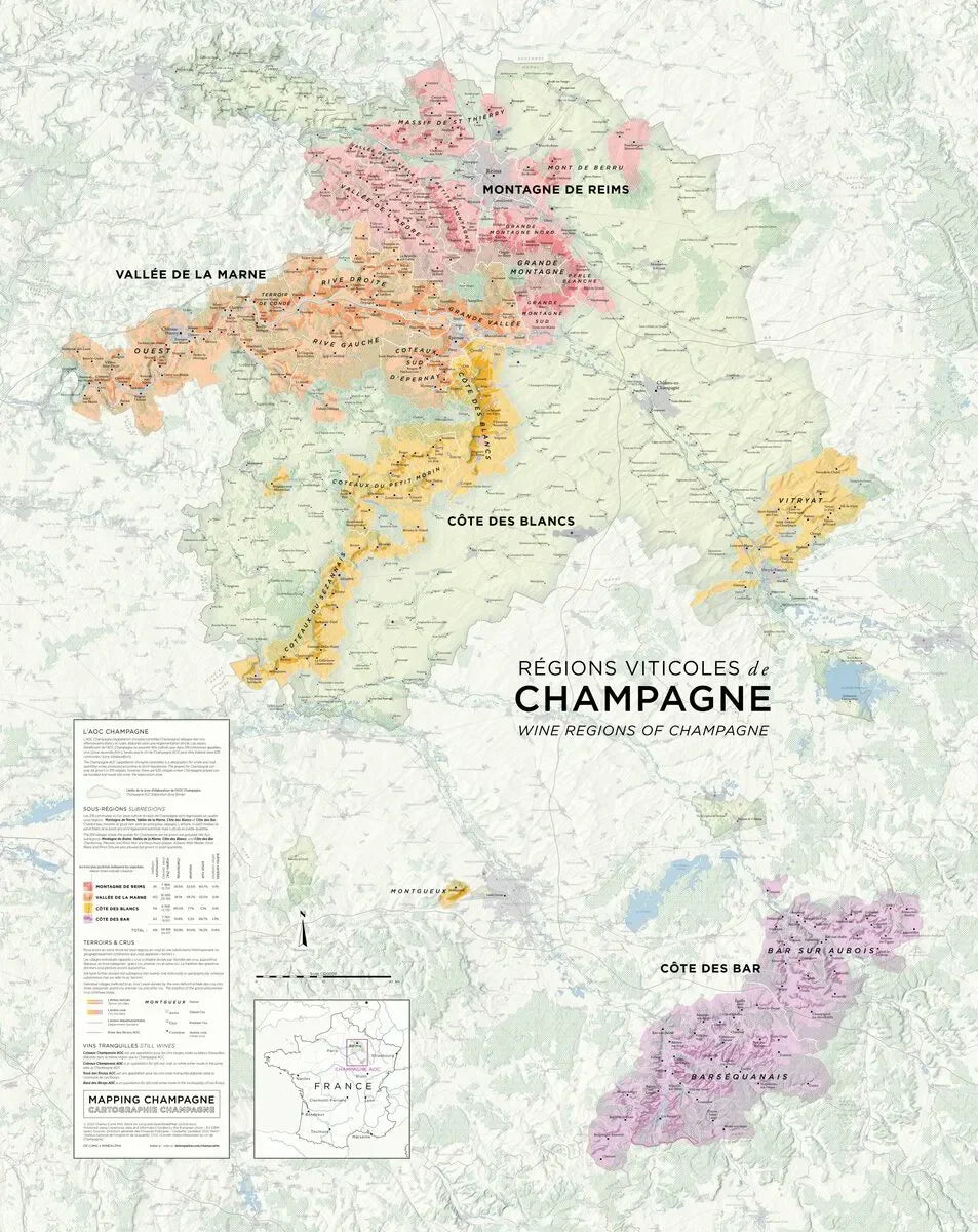 Champagne wine regions map highlighting Montagne de Reims, Vallée de la Marne, Côte des Blancs, Côte des Bar.