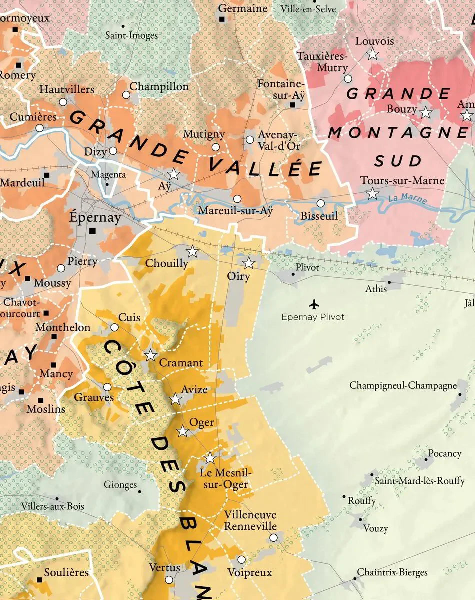 Detailed map of Champagne wine regions showing Grande Vallée, Côte des Blancs, and Montagne de Reims