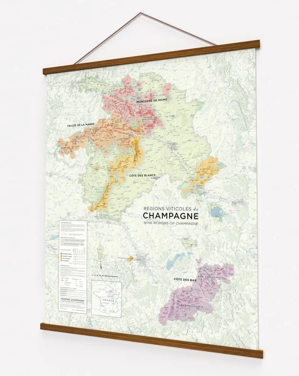 Framed map of Champagne wine regions with colored areas and French vineyard labels